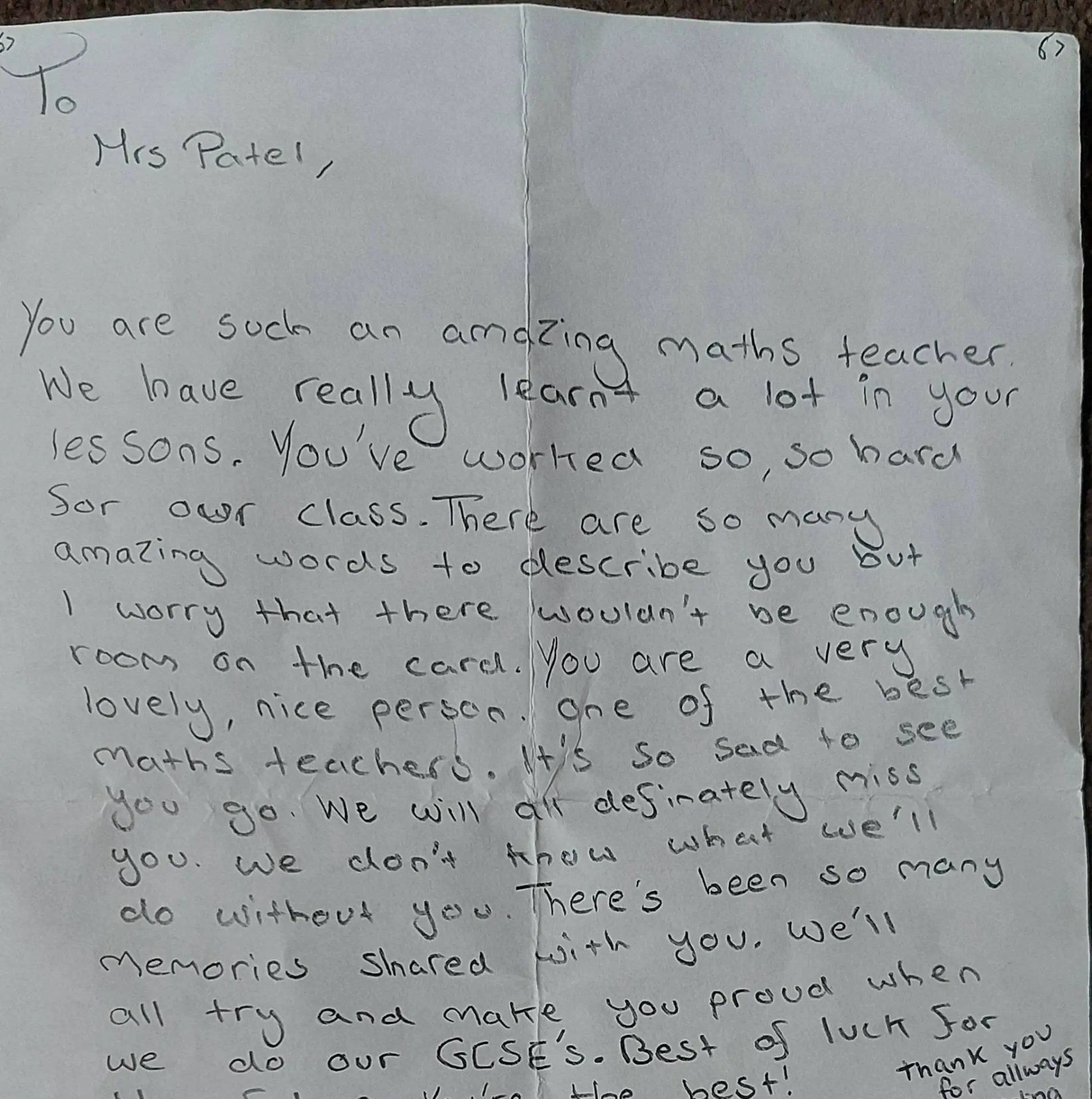 Handwritten thank you card from a student to Mrs Patel (13 of 19)