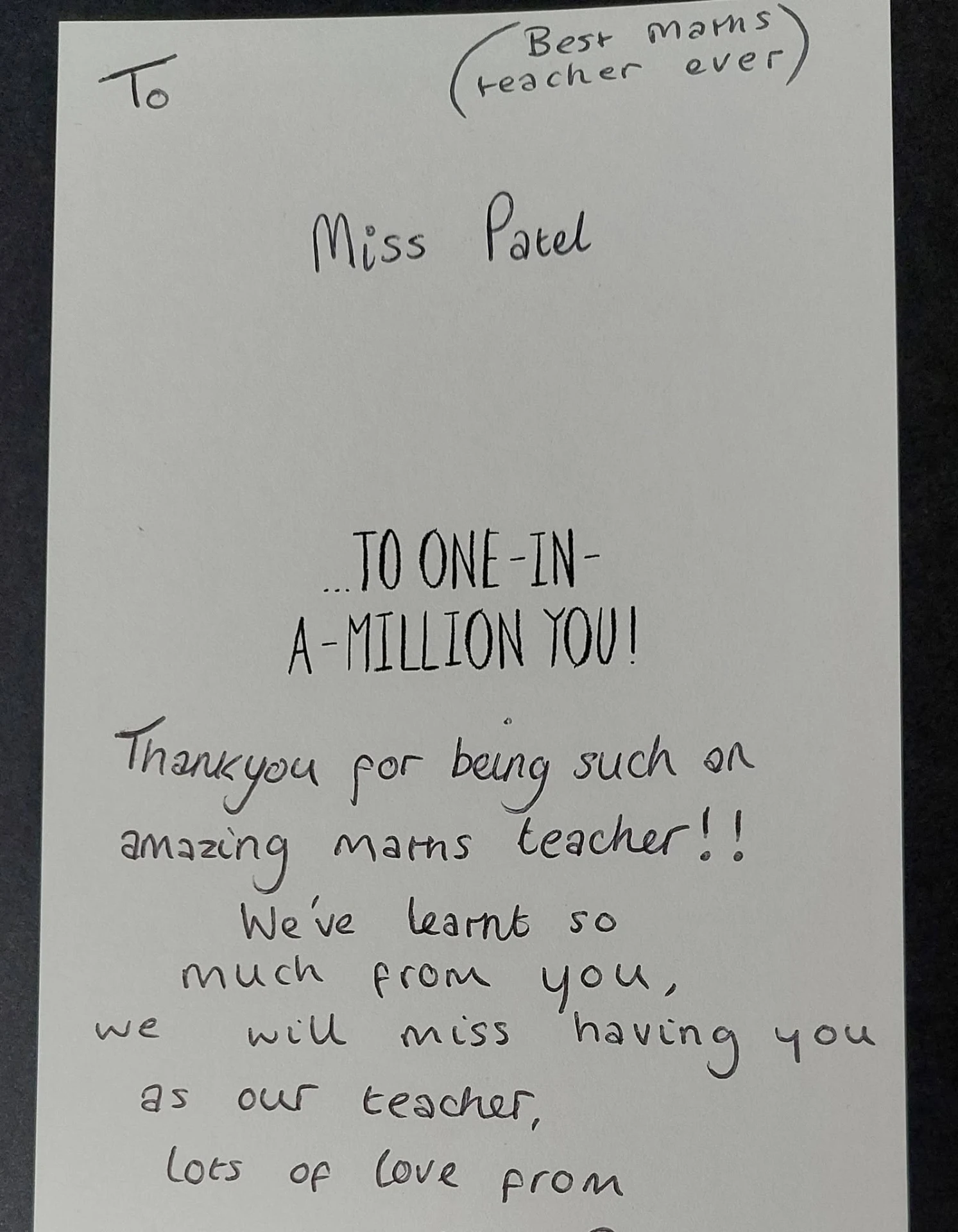 Handwritten thank you card from a student to Mrs Patel (1 of 19)