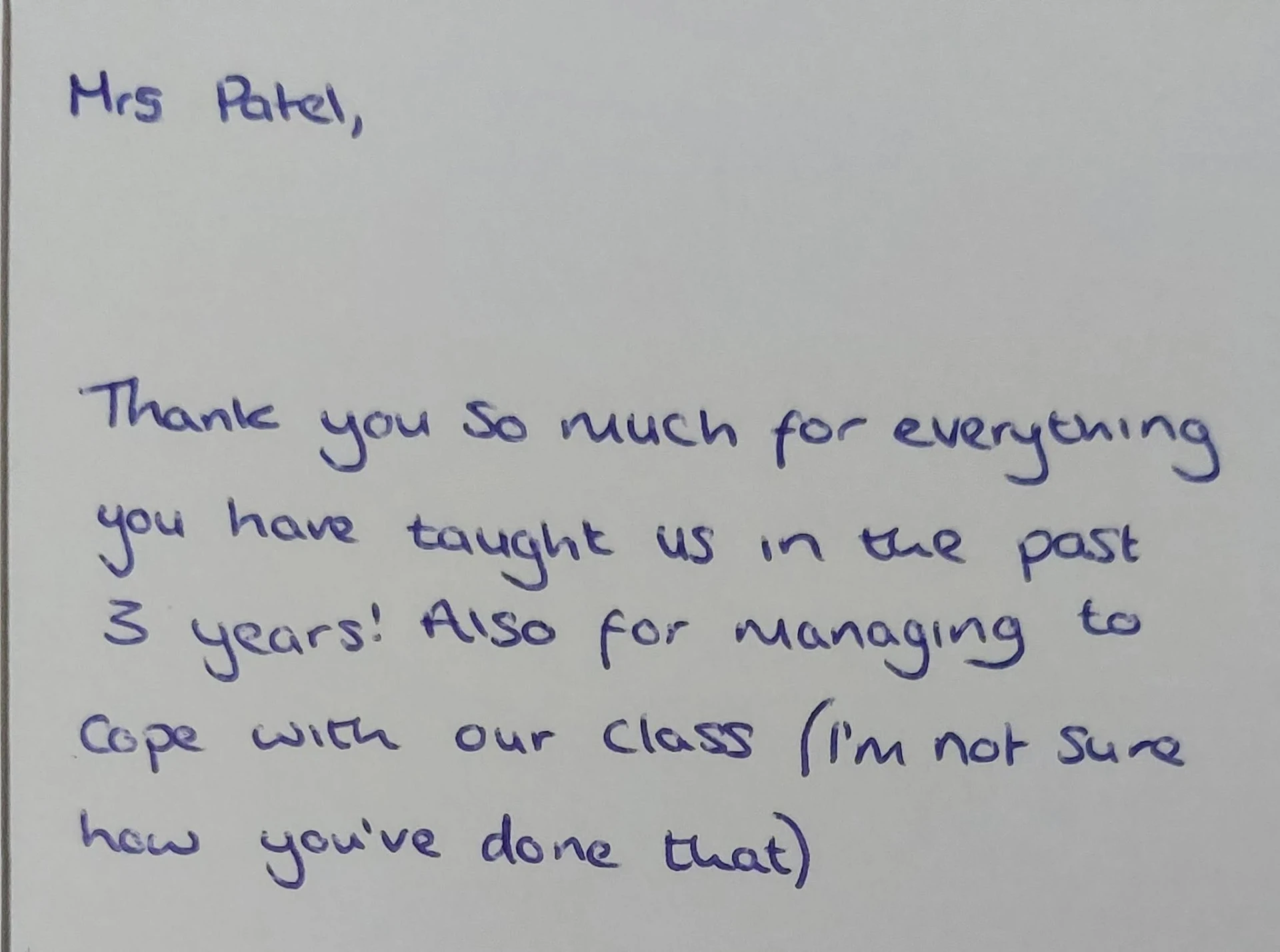Handwritten thank you card from a student to Mrs Patel (8 of 19)