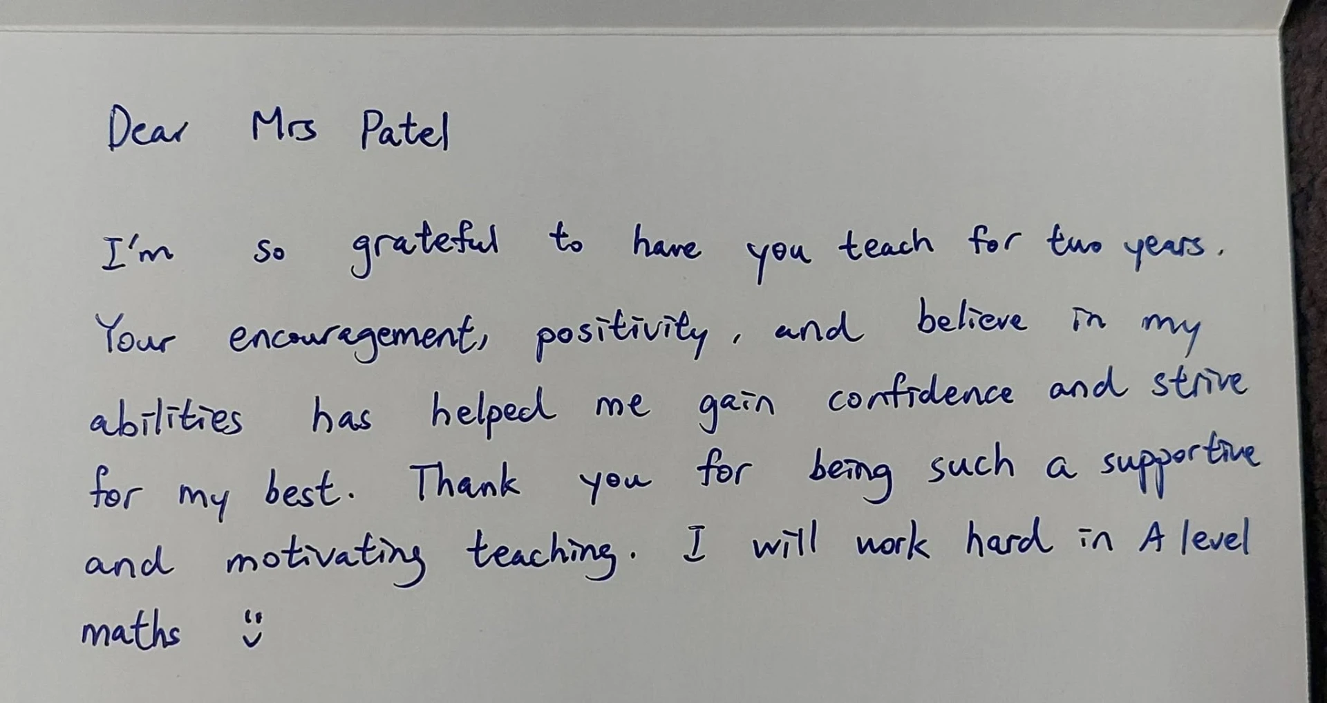 Handwritten thank you card from a student to Mrs Patel (5 of 19)