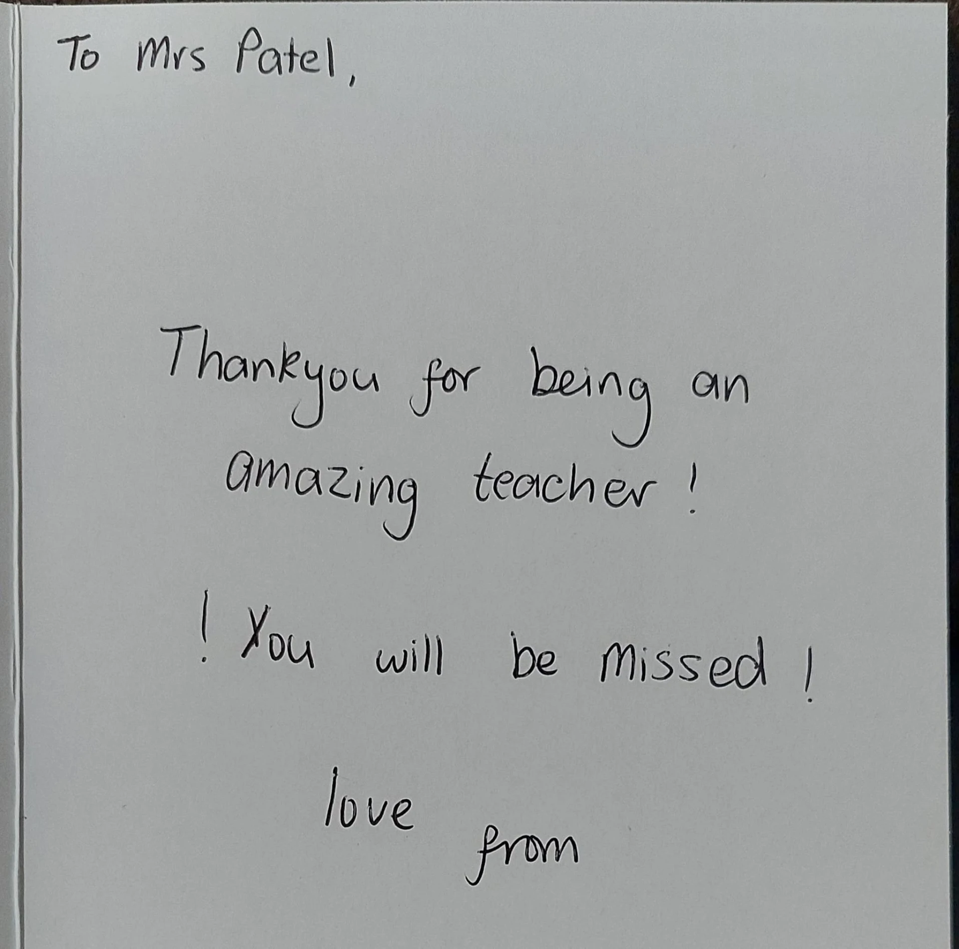 Handwritten thank you card from a student to Mrs Patel (15 of 19)