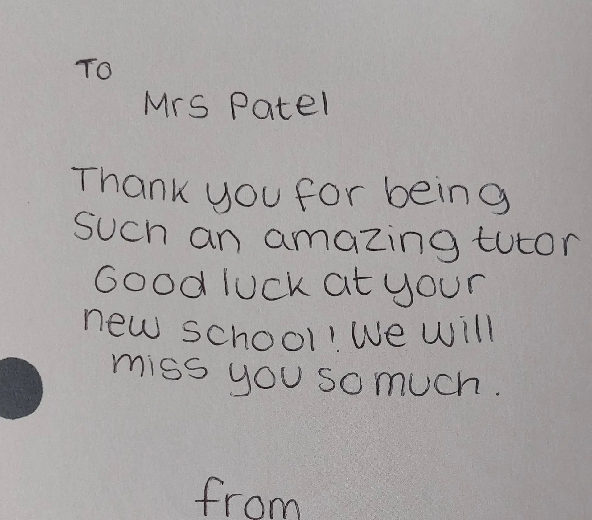 Handwritten thank you card from a student to Mrs Patel (17 of 19)