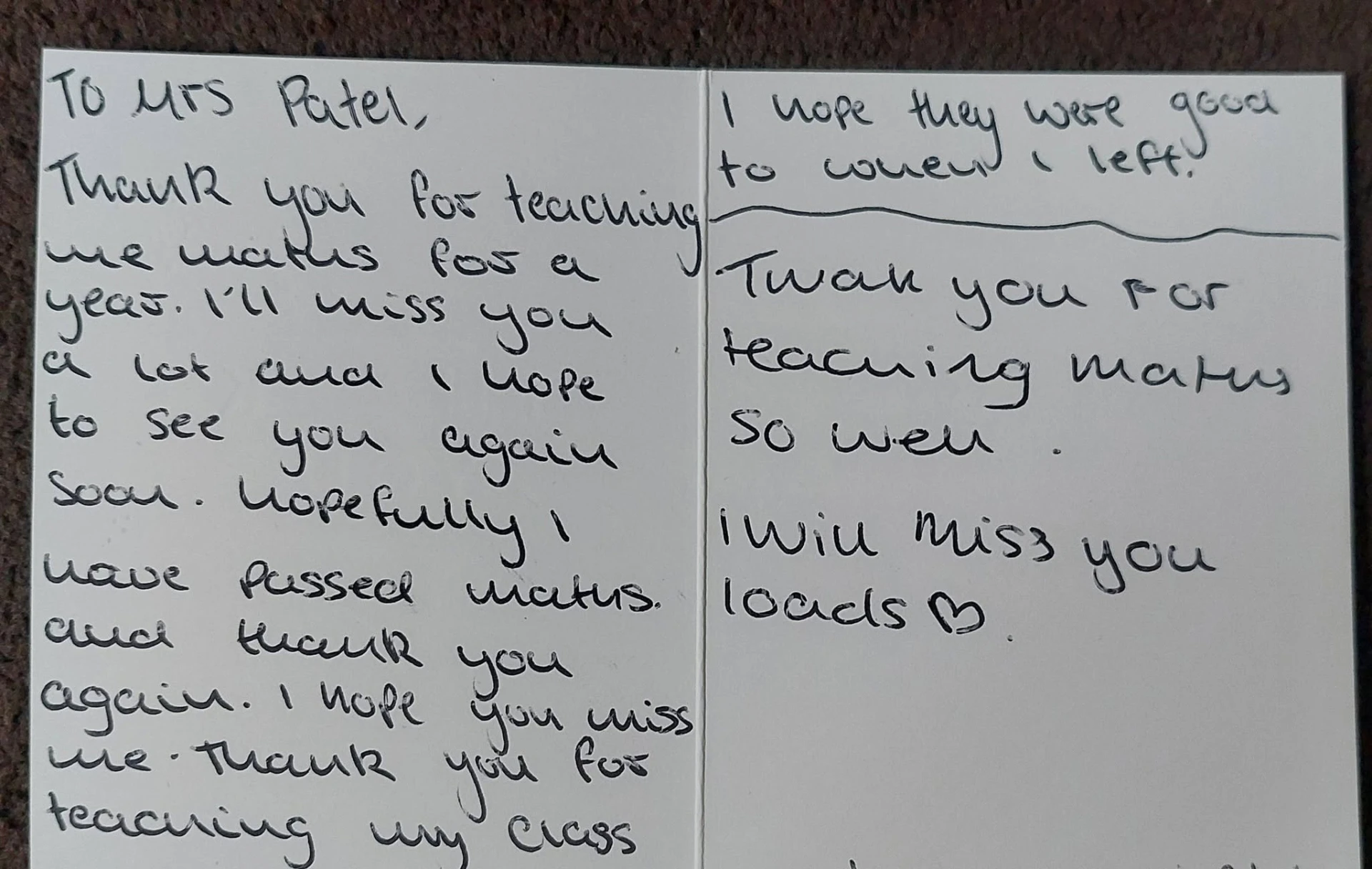 Handwritten thank you card from a student to Mrs Patel (16 of 19)