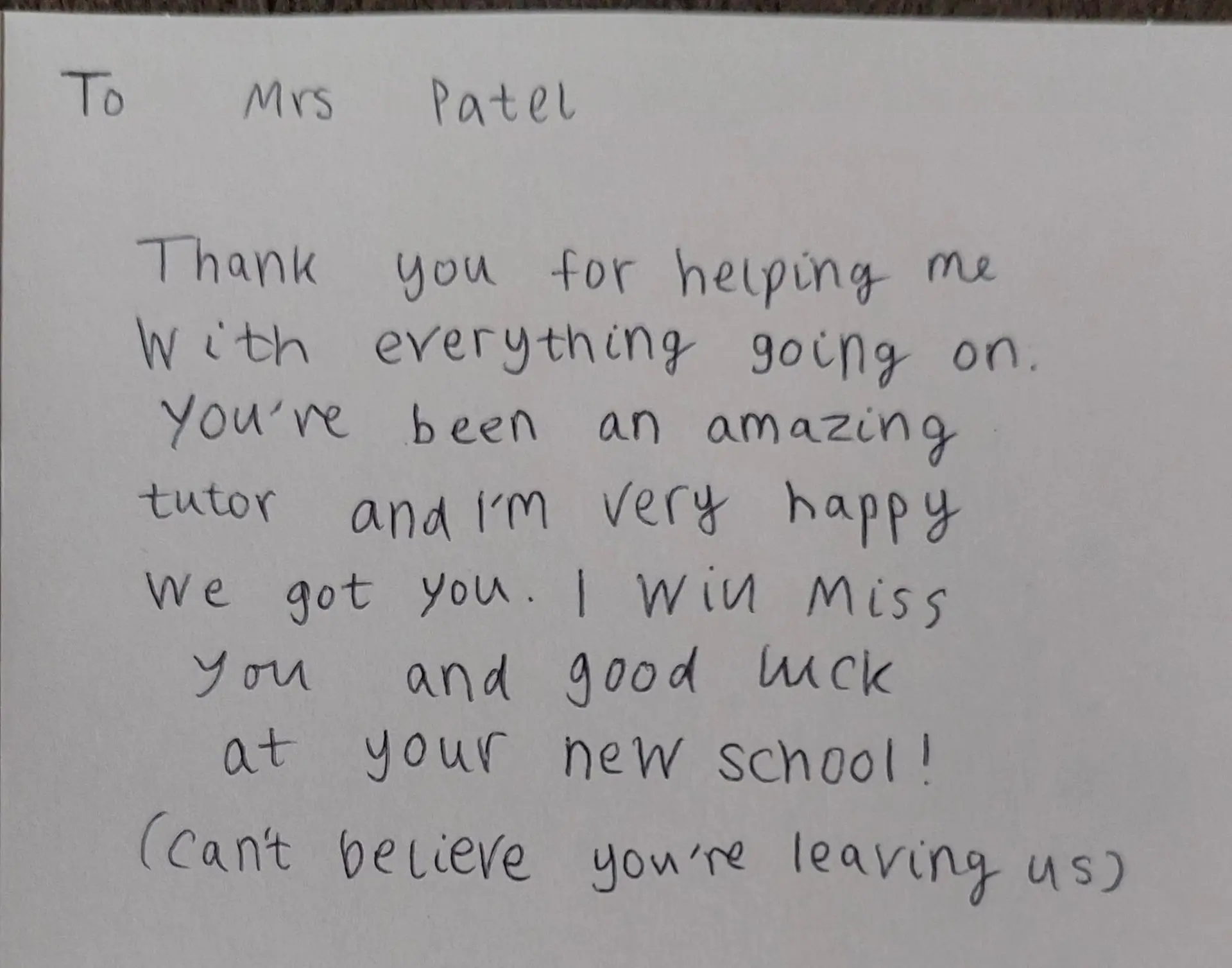 Handwritten thank you card from a student to Mrs Patel (18 of 19)