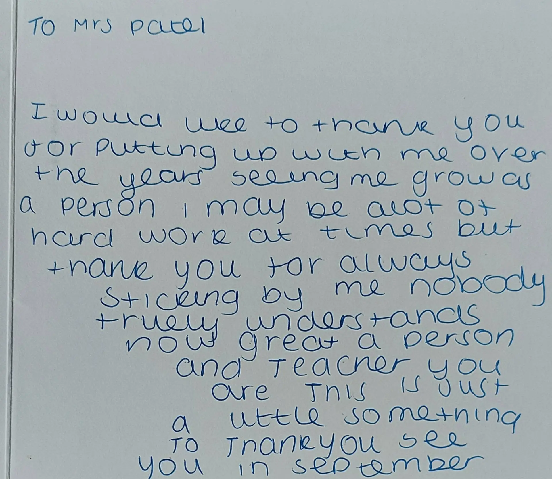 Handwritten thank you card from a student to Mrs Patel (4 of 19)