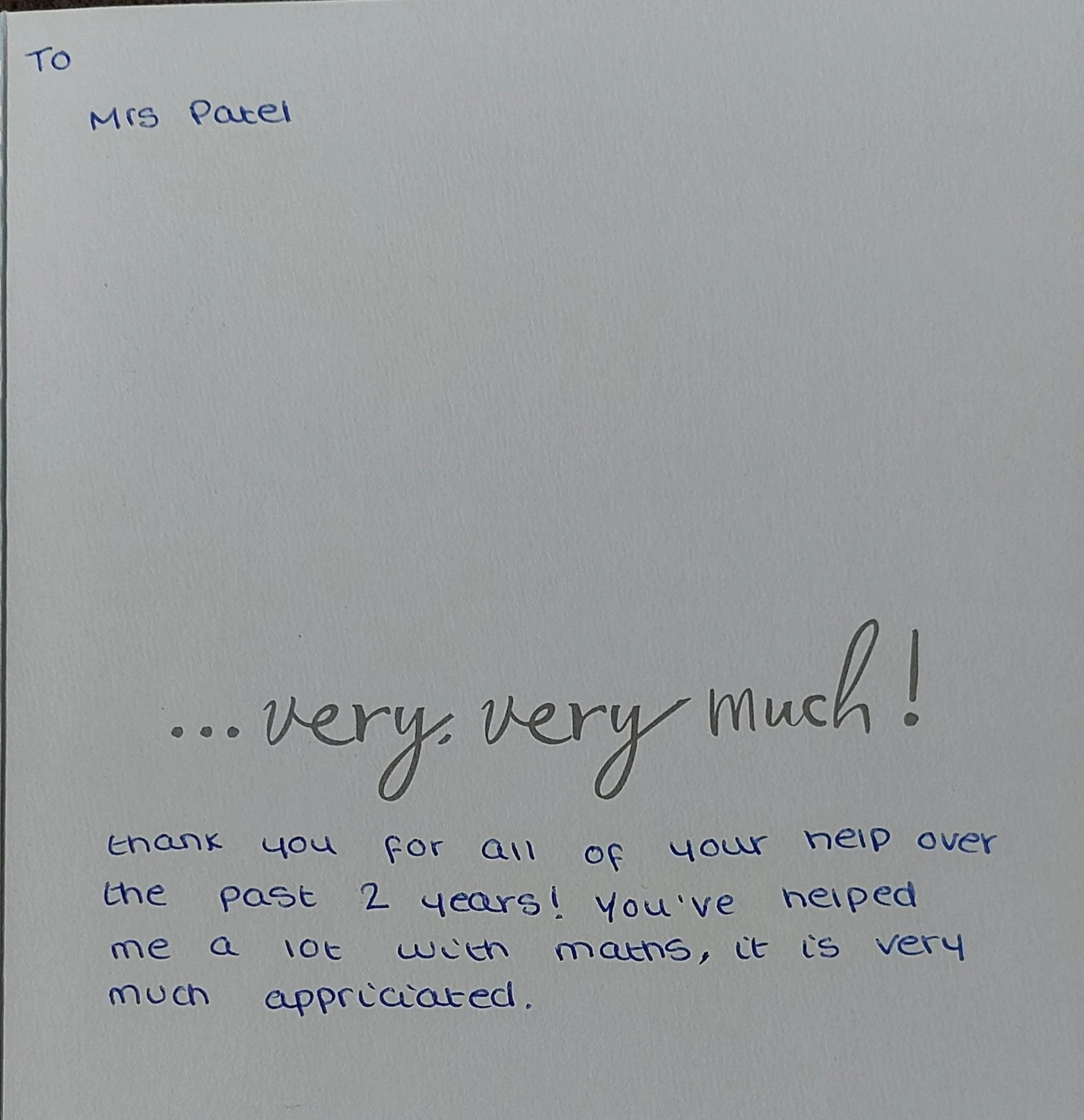 Handwritten thank you card from a student to Mrs Patel (2 of 19)